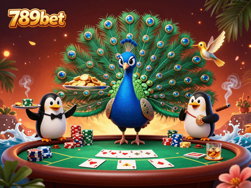 Experience the excitement of poker in a vibrant 789bet illustration featuring a peacock and butler penguin.
