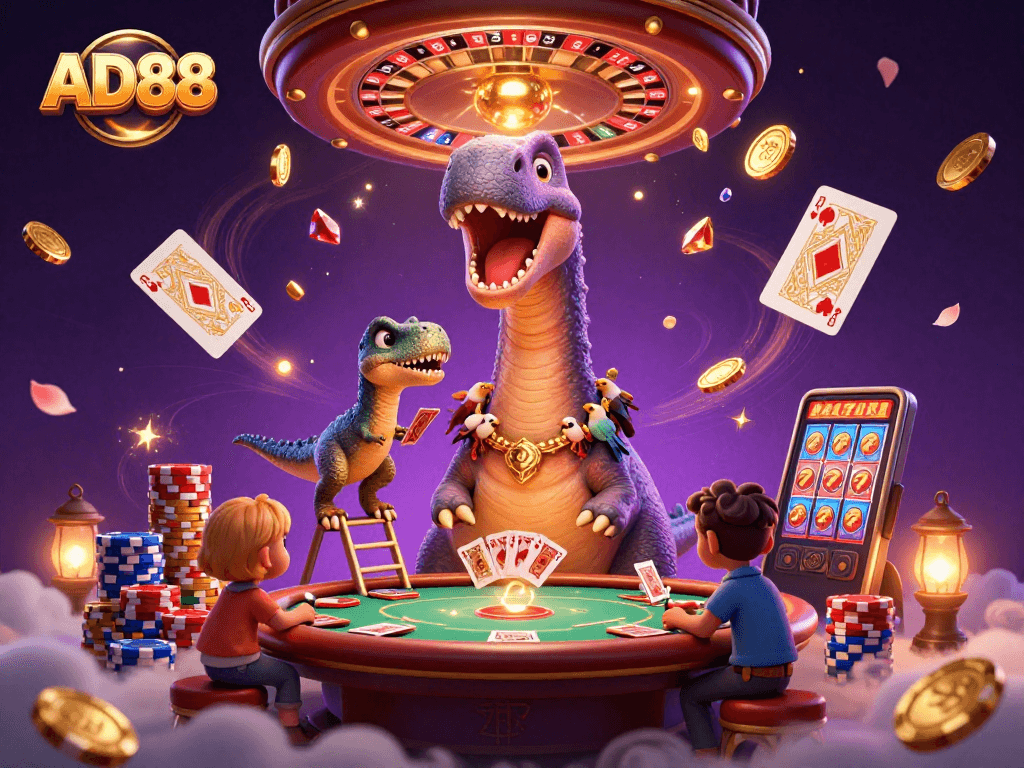 Experience thrilling gameplay at AD88 with a dynamic scene featuring vibrant casino characters and rich visual elements.