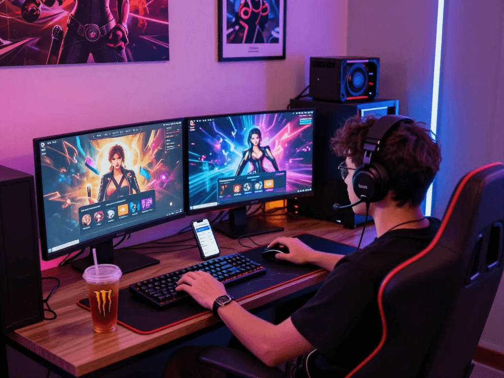 Engaged gamer playing sex games on a dual monitor setup in a vibrant gaming lounge.