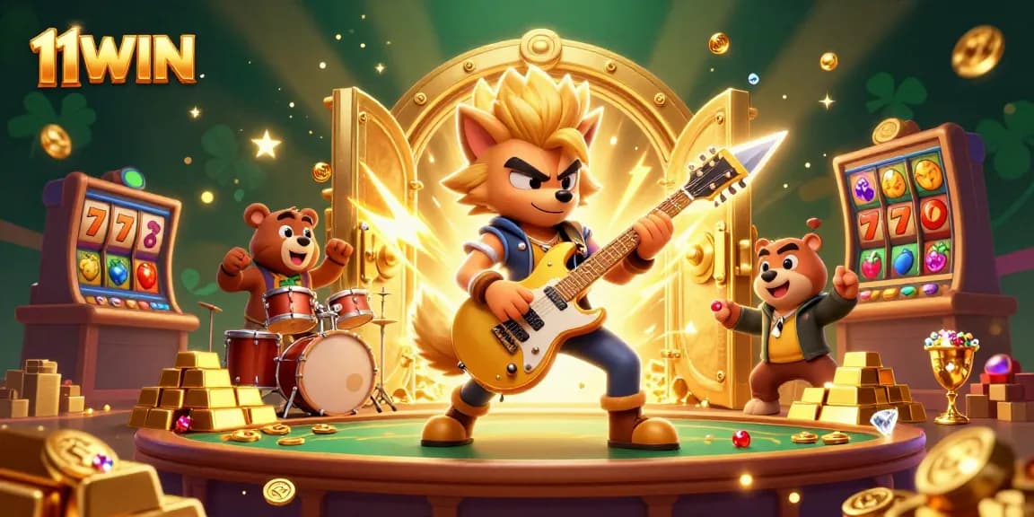 Experience thrilling wins with 11WIN as the rock star wolf solos amidst a casino stage of gold and gems.