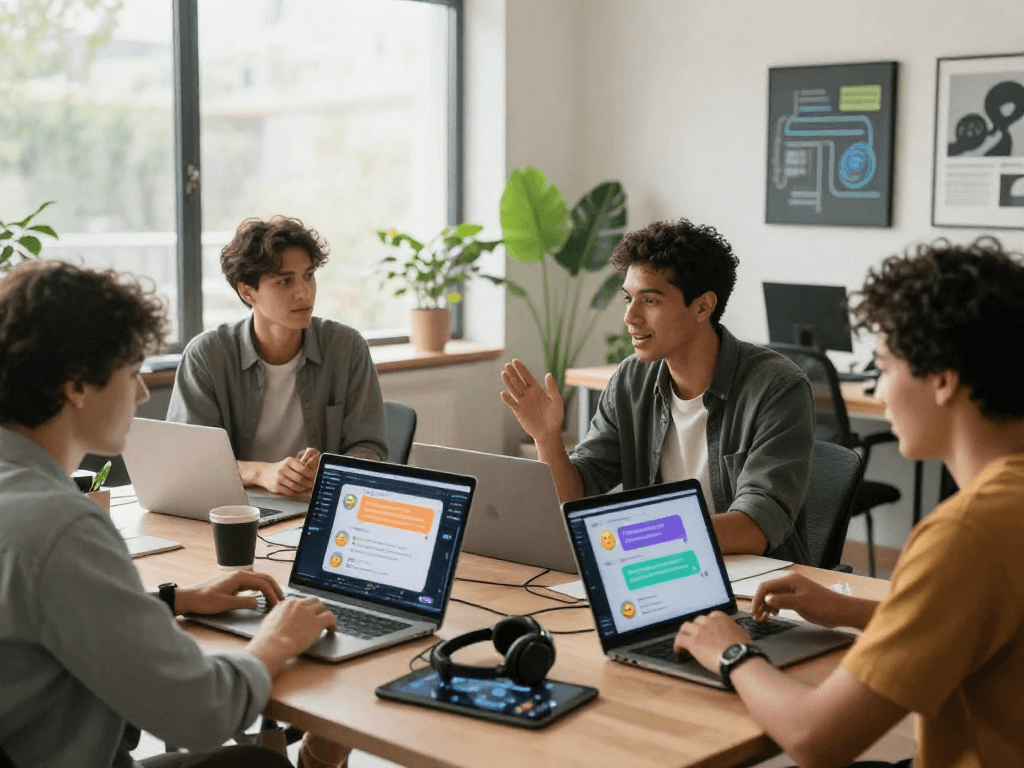 Engaging digital workspace scene showcasing nsfw ai chat interactions among diverse individuals.