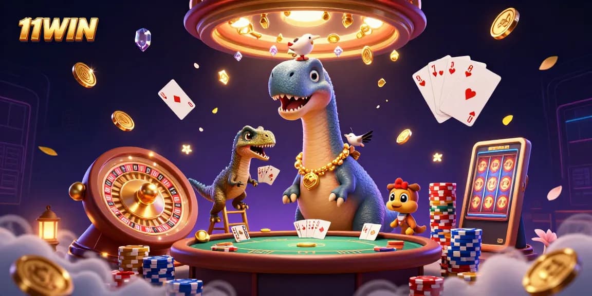 11WIN casino scene featuring a brontosaurus, raptor, and vibrant gaming elements
