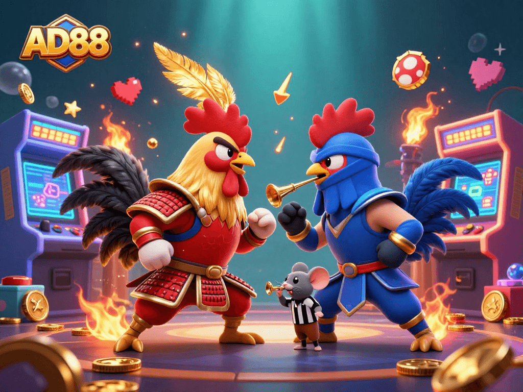 Enhance your gaming experience with AD88's thrilling casino action, featuring dynamic roosters and vibrant arcade elements.