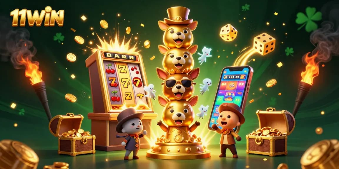 Experience the excitement of 11WIN with a vibrant totem pole and jackpot explosion in this dynamic casino scene.