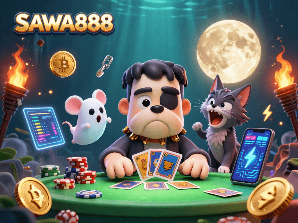 SAWA888 offers thrilling experiences at a unique spooky casino table with cartoon characters dealing cards.