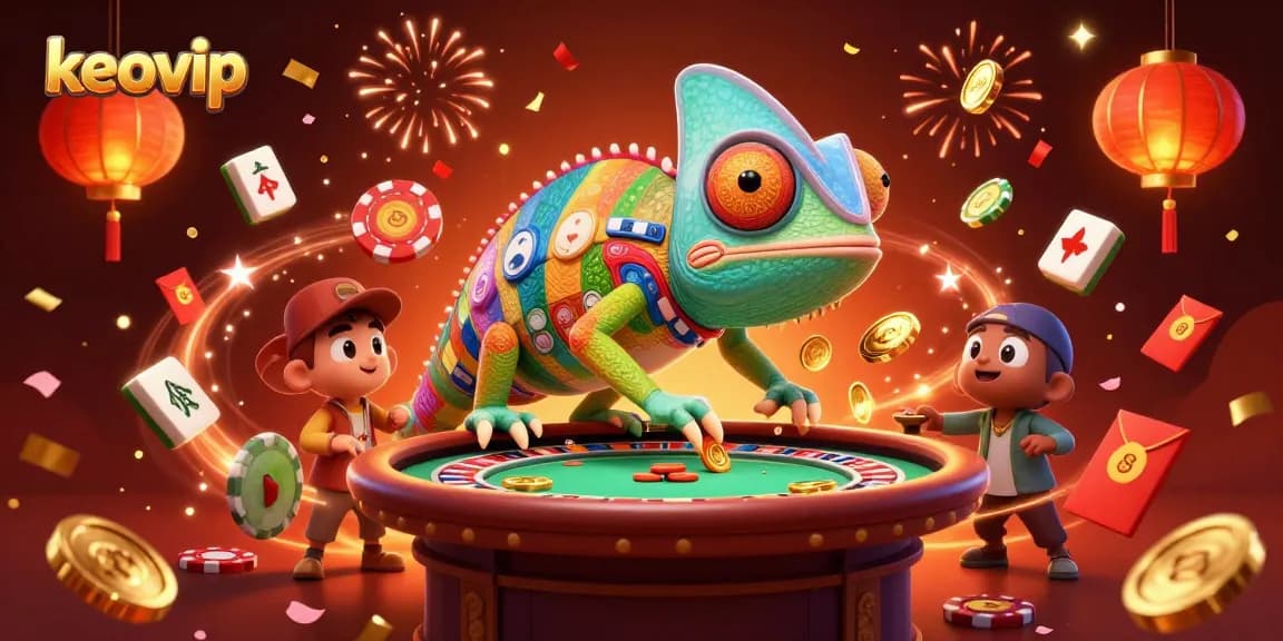 Engage with the vibrant keovip casino world, featuring a chameleon owner amidst jackpots and excitement.