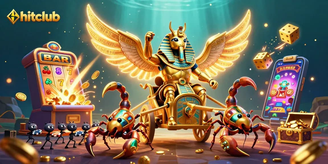 Engage with hitclub's thrilling virtual experience, featuring a 3D chariot driven by a golden beetle amidst vibrant casino elements.