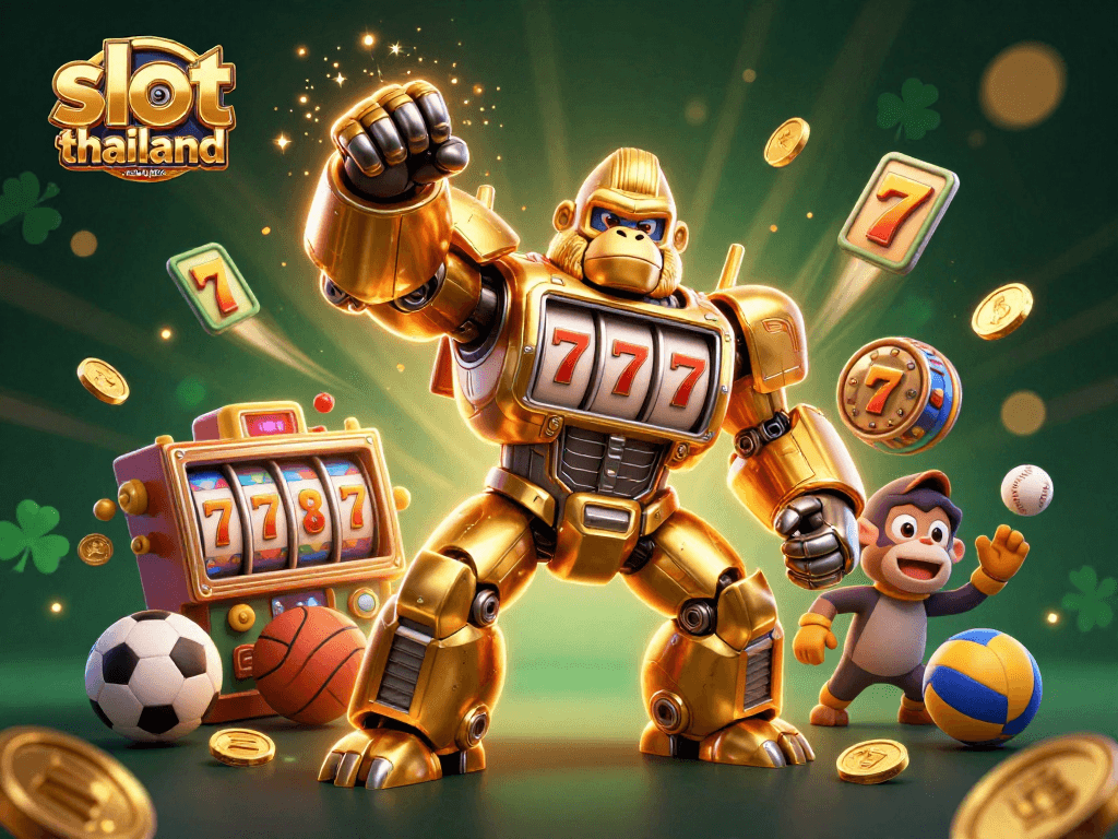 Engage with slot thailand paling gacor in this dynamic 3D scene featuring a golden gorilla mech amidst vibrant casino elements.
