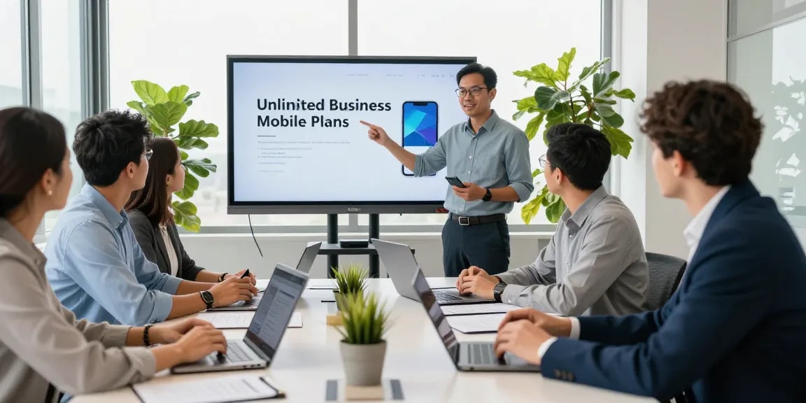 Collaboration on unlimited business mobile plans in a modern office.