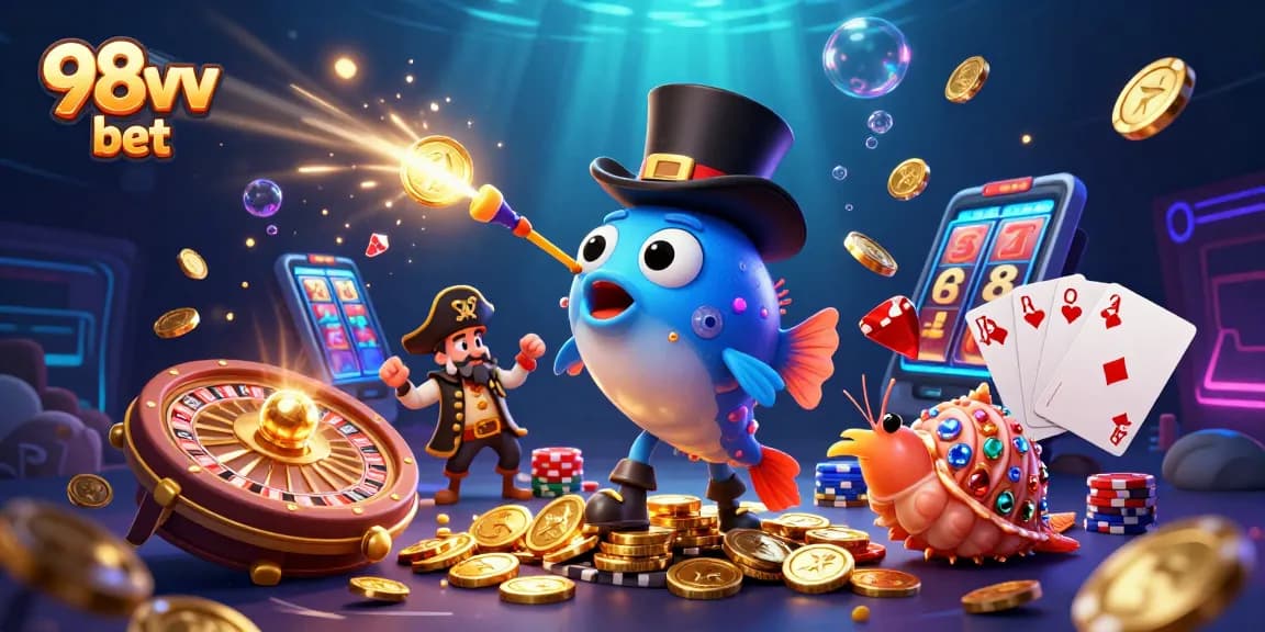 Engage with 98vv bet featuring animated casino characters attracting sparkling treasures in an underwater scene.