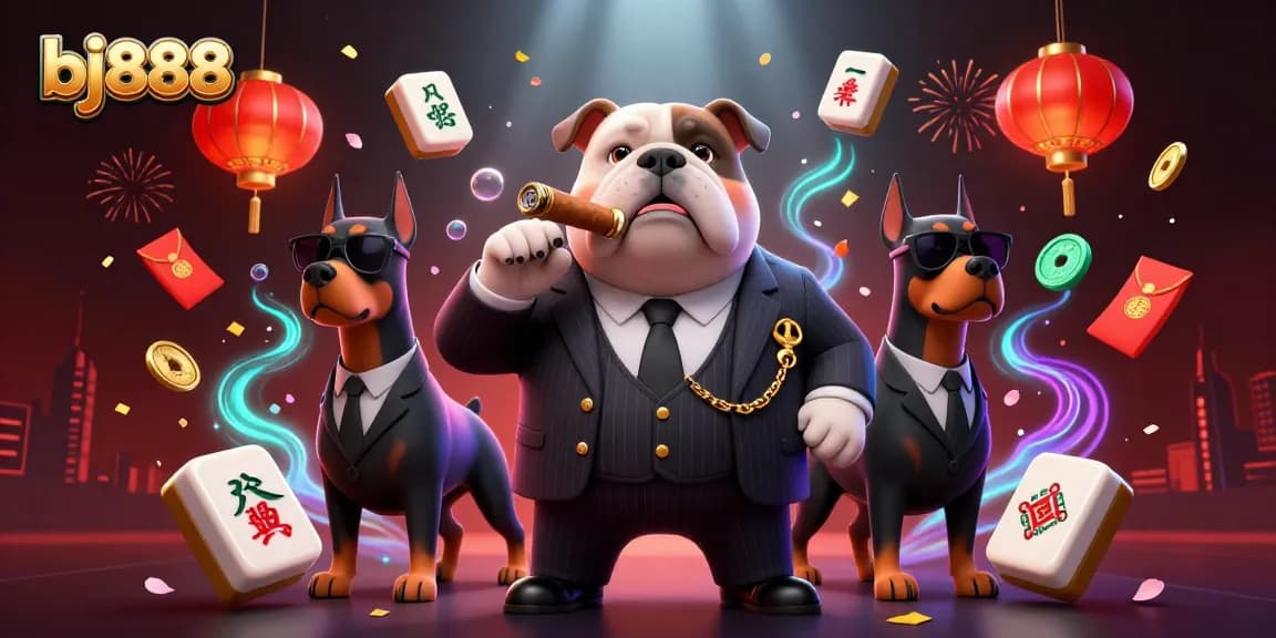 Win big with bj888 in a dazzling casino scene featuring a mafia bulldog and bodyguard Dobermans.