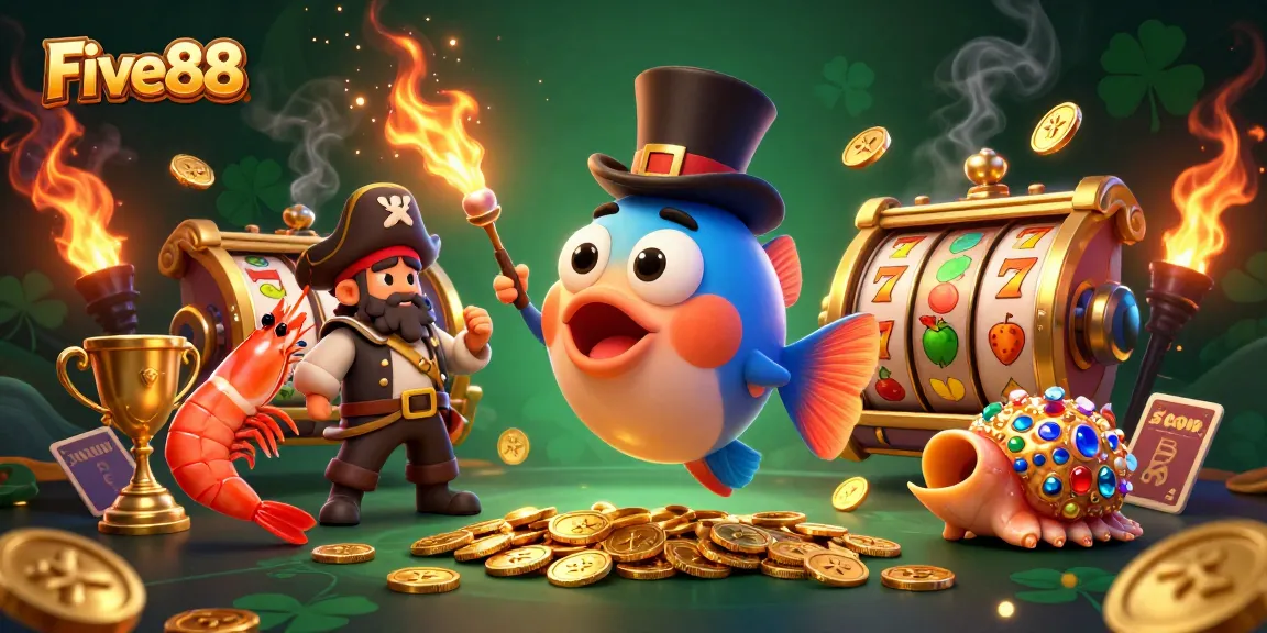 Experience excitement at Five88 with charismatic characters attracting golden coins in a vibrant casino scene.