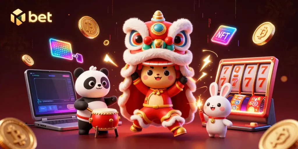 Engage with nbet and experience the thrilling lion dance amidst illuminated slot reels and crypto coins.