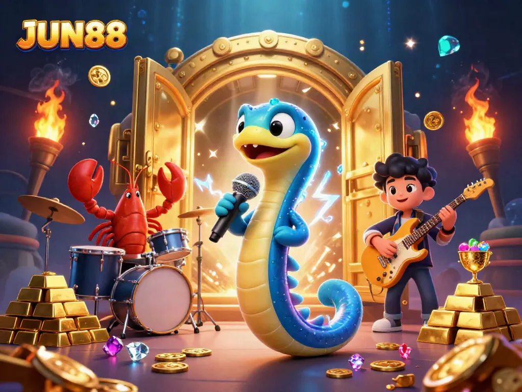 Join JUN88 in a vibrant underwater casino showcase with lively characters and dazzling treasures.