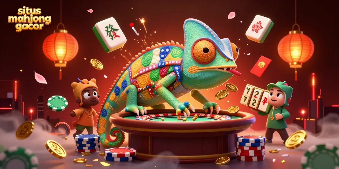 Experience the excitement at situs mahjong gacor with a vibrant scene of a chameleon casino owner surrounded by mahjong tiles and festive elements.