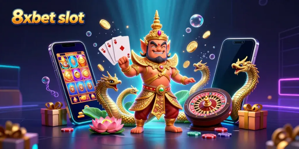 Engage in thrilling gameplay with 8xbet slot featuring a vibrant 3D scene of guardians and casino elements.