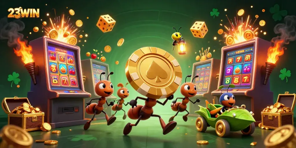 Experience the thrill of the 23WIN casino heist with animated ants, treasure, and slot machines.