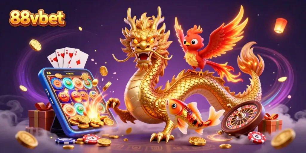 Experience thrilling moments with 88vbet as a dragon, phoenix, and koi swim through a gambling landscape.