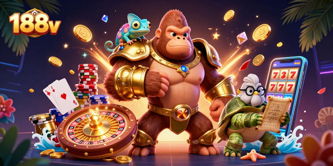Engage with thrilling games at 188v with the powerful gorilla king, vibrant coins, and slots.