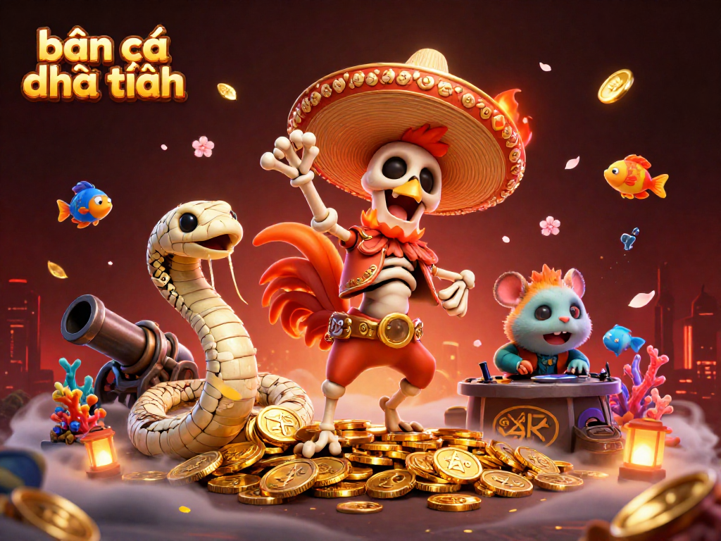 Bắn cá đổi thưởng with a dynamic scene of a dancing rooster, mummy snake, and DJ hamster surrounded by colorful sea creatures.