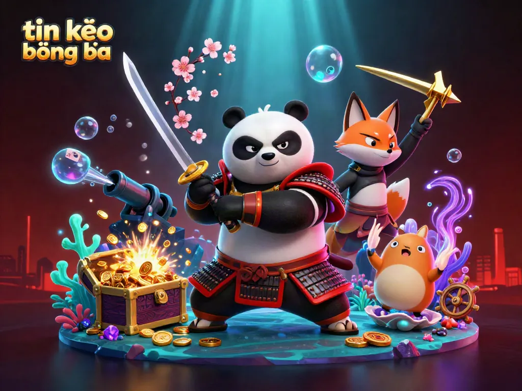 Engage with thrilling tin kèo bóng đá scenarios featuring a samurai panda, ninja fox, and magical tanuki amidst golden treasures.