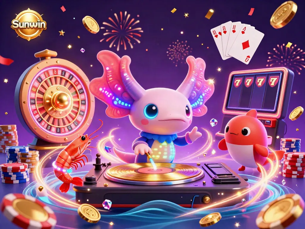 Experience the excitement of Sunwin with vibrant characters and casino elements in a thrilling 3D scene.