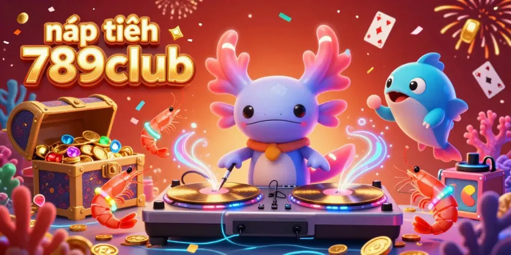 Nạp tiền 789club scene showcasing a neon axolotl DJ surrounded by treasure, celebrating a vibrant underwater casino experience.