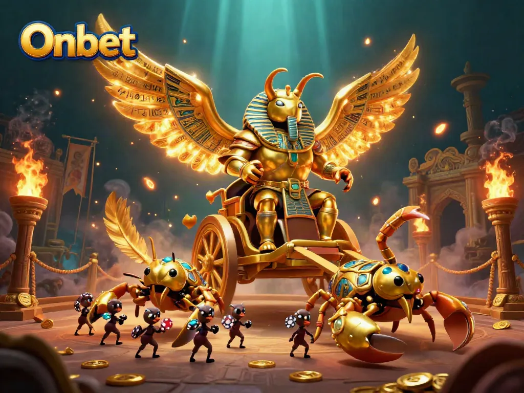 Onbet showcases a vibrant 3D scene featuring a golden scarab beetle and poker-themed elements.