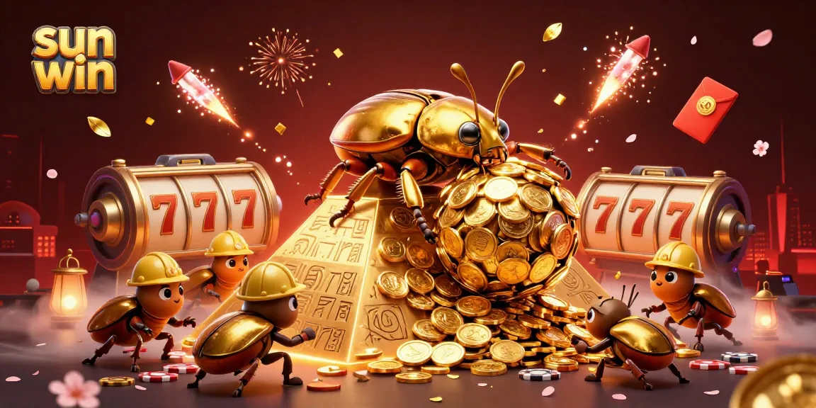 Engage with sun win as a golden beetle rolls coins at a vibrant casino pyramid.