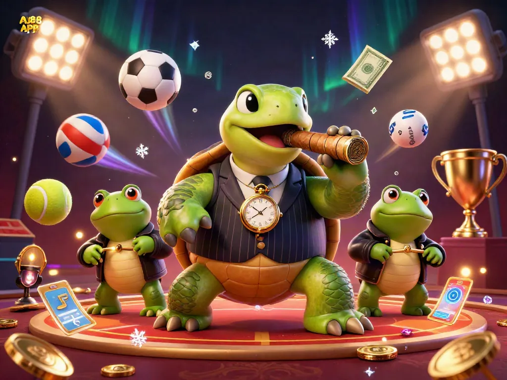 Experience thrilling action with the AU88 APP featuring a playful turtle and frog enforcers in an exciting casino setting.