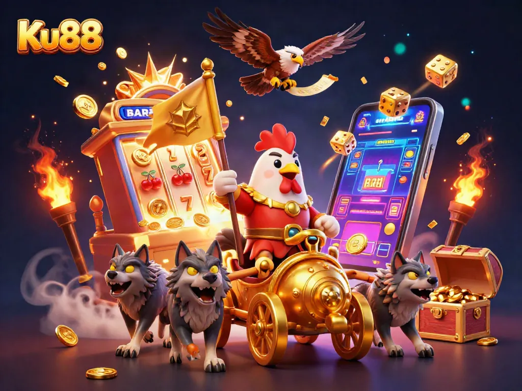 Ku88 showcases an exciting gambling adventure with a rooster warlord in a vibrant 3D casino scene.