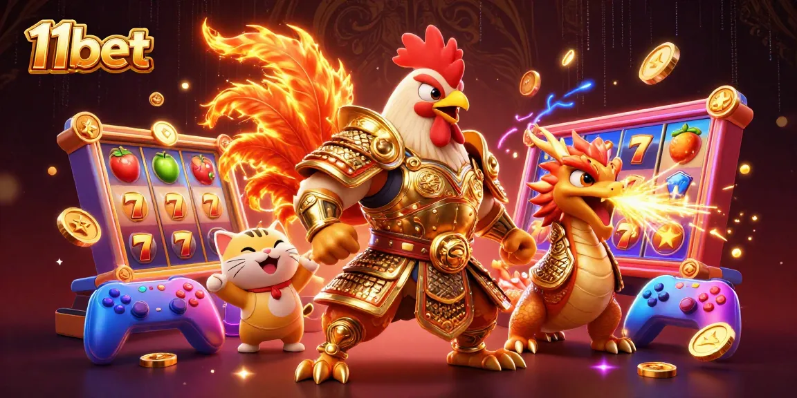 11bet casino illustration showcasing a dynamic scene with a rooster warrior and dragon in a vibrant gaming environment