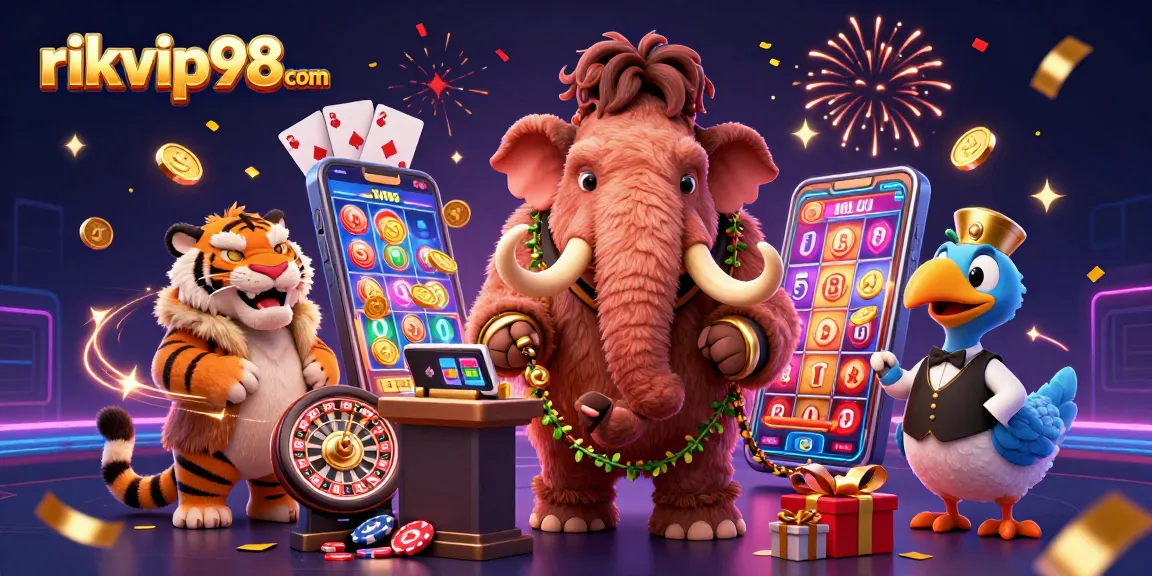 Engage with exciting games at rikvip98 com featuring vibrant casino characters, slots, and festive elements.