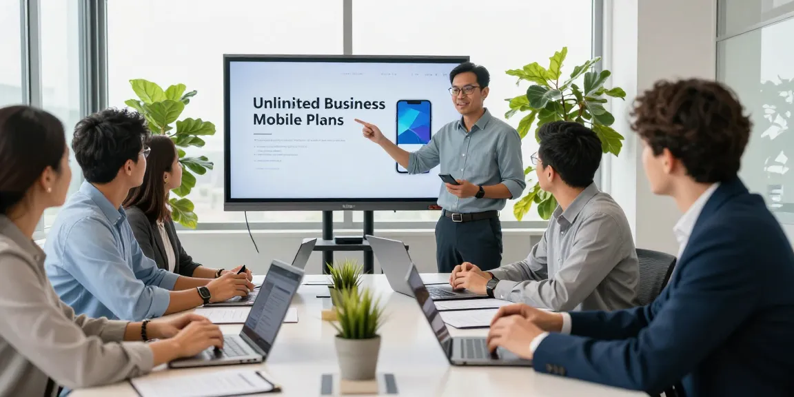 Collaboration on unlimited business mobile plans in a modern office.