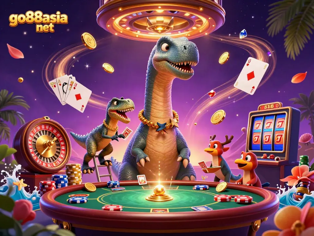 Experience thrilling wins at go88asia net with a vibrant casino scene featuring a towering brontosaurus and dazzling game elements.