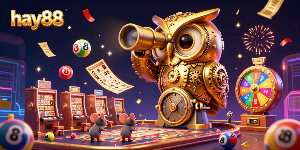 Experience vibrant gaming with hay88 as a clockwork owl oversees colorful lottery dynamics in a lively casino scene.