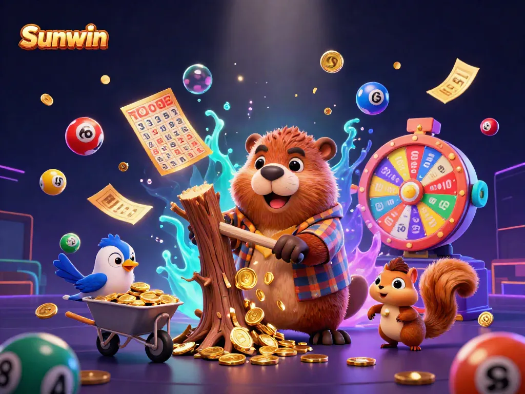 Catch the excitement of Sunwin with a whimsical beaver and friends collecting golden coins amidst a vibrant online gaming atmosphere.
