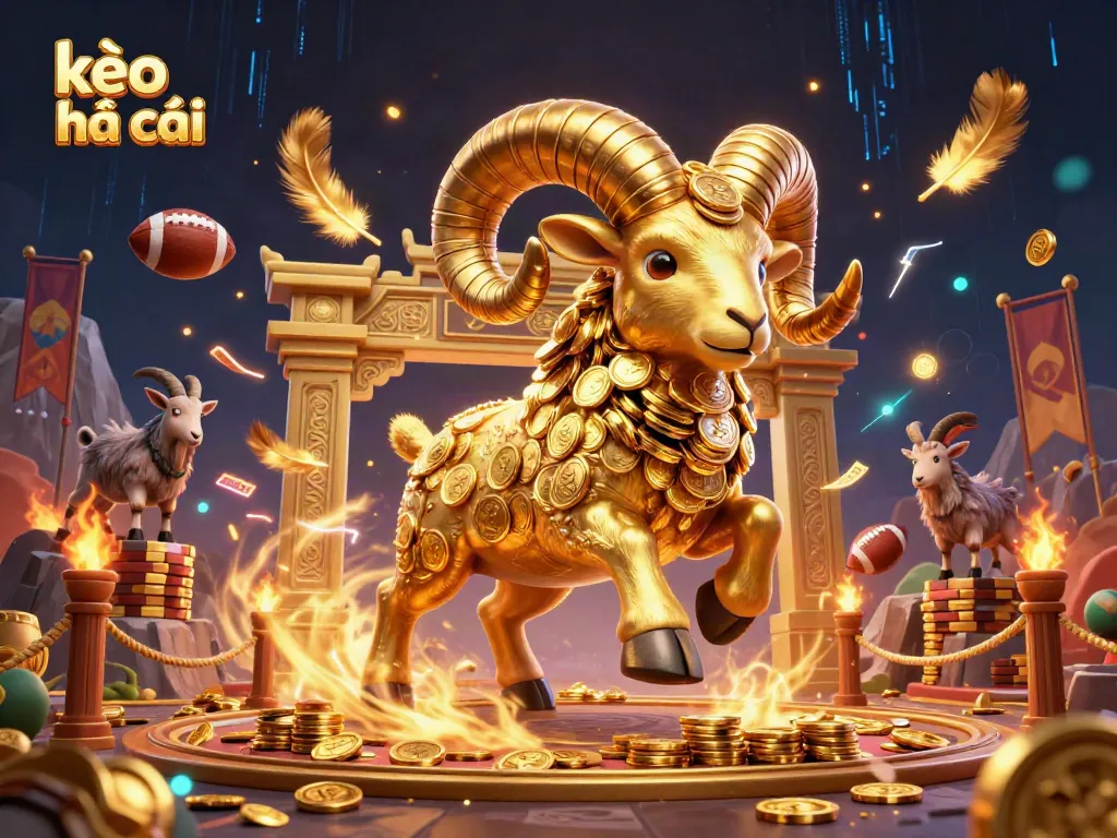 Engaging scene illustrating kèo nhà cái with a golden ram charging at a betting arena gate, surrounded by sports elements.