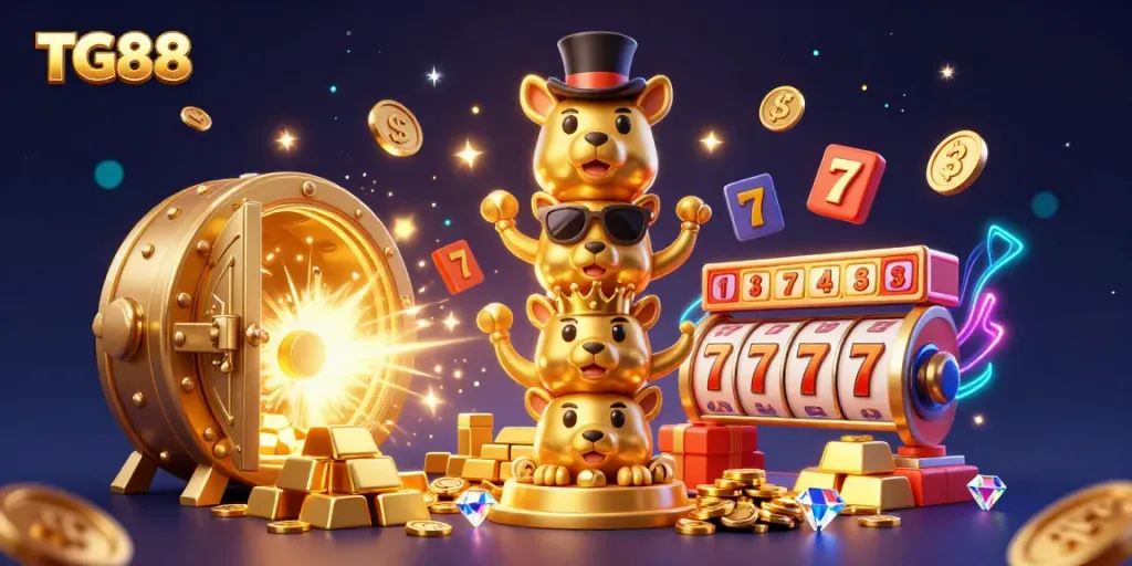 Experience the excitement of TG88 with a vibrant casino illustration featuring dynamic elements like slot reels and treasures.