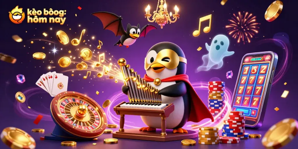 Experience kèo bóng đá hôm nay with vibrant, animated casino-themed characters and elements.