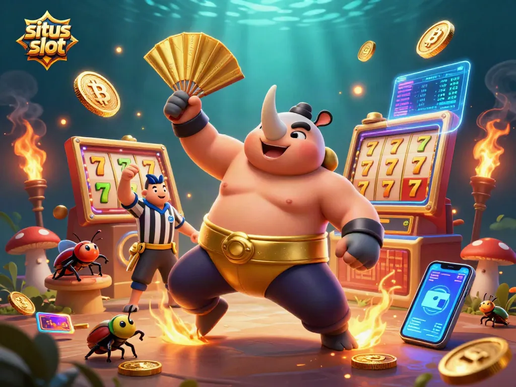 Experience the excitement of situs slot with dynamic action featuring a sumo champion beetle amidst flying coins and vibrant casino elements.