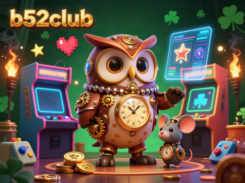 Engage with b52club's mesmerizing 3D casino world featuring an owl and a mouse among vibrant gaming elements.