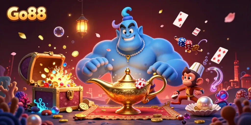Experience thrilling winning moments with Go88 in this vibrant casino scene featuring magical characters.