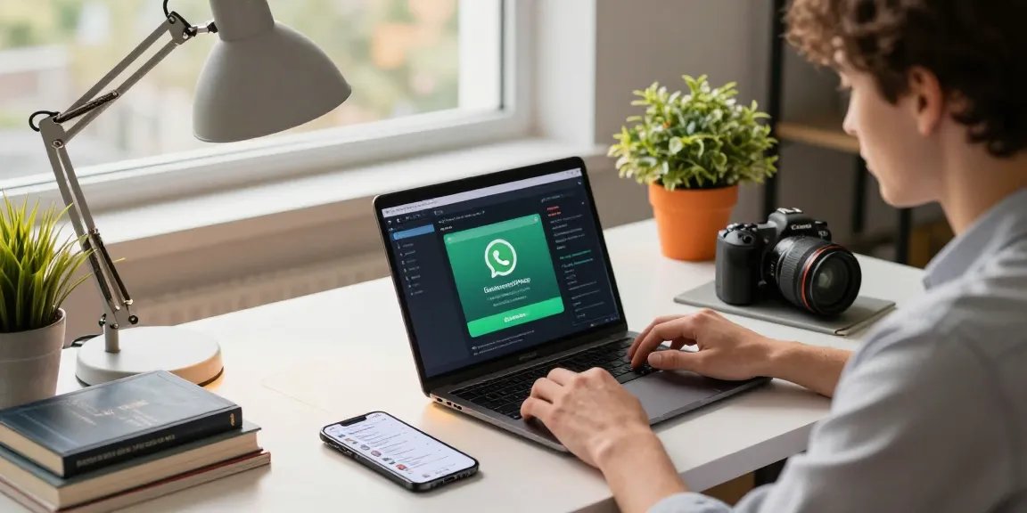 Seamless download of WhatsApp下載 on a laptop surrounded by tech gadgets in a modern office.