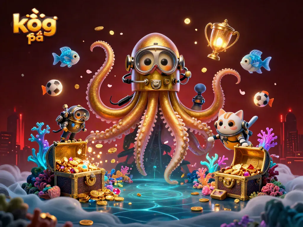 Engage in kèo bóng đá action with a kraken, diving cat, and bioluminescent fish in a vibrant casino scene.