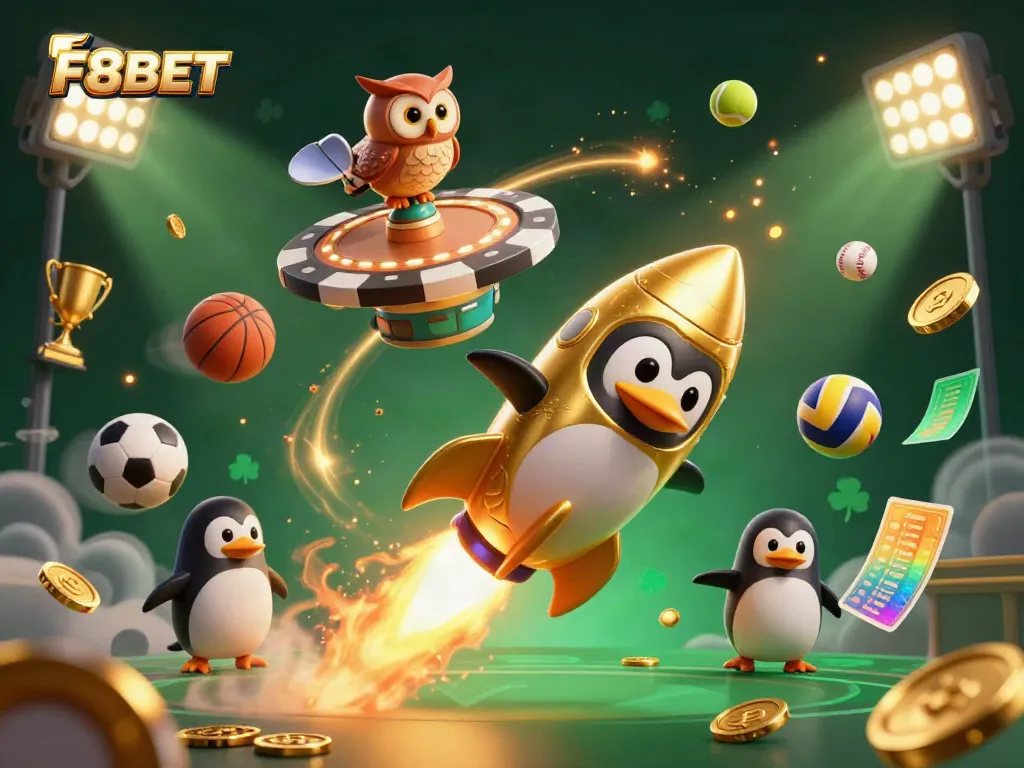 Engage with F8BET through a spectacular 3D scene featuring a golden penguin and dynamic casino elements.