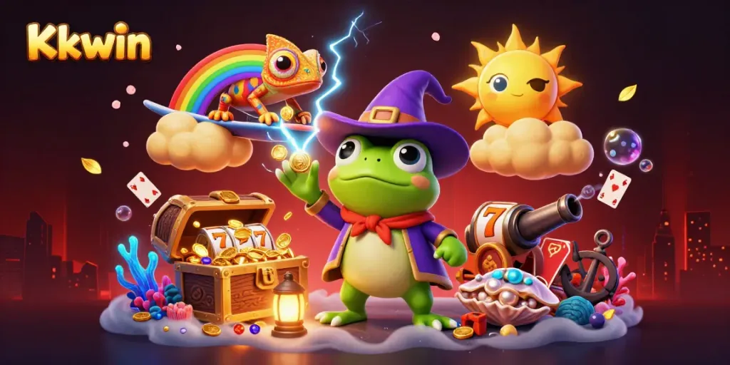 Experience thrilling gameplay at Kkwin with a dynamic 3D illustration showcasing vibrant casino elements.
