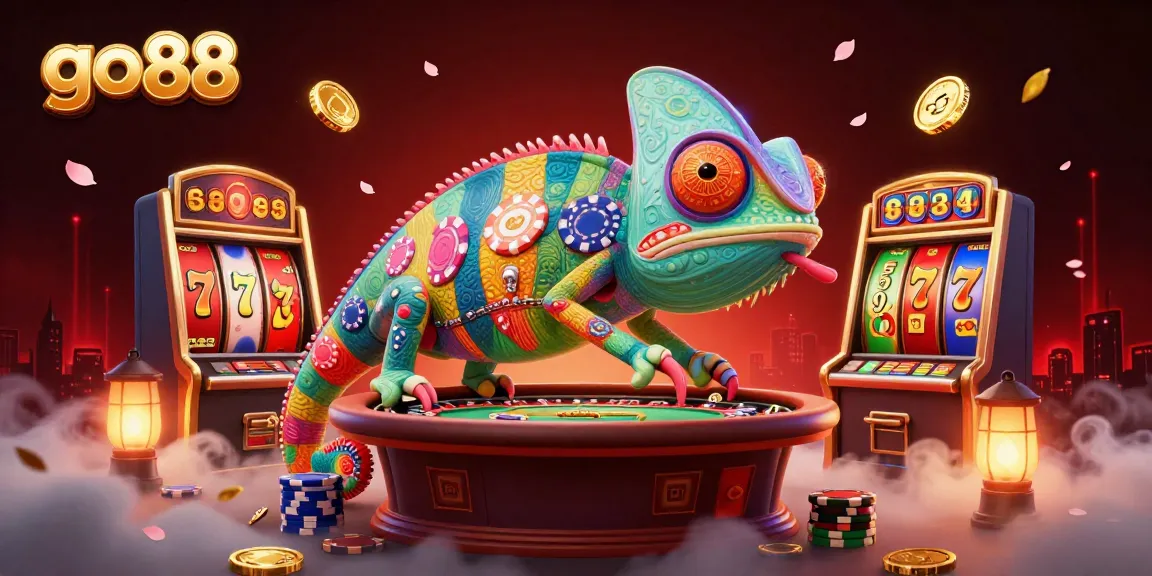 Engage with the vibrant go 88 casino concept, where a chameleon owner interacts amid dynamic gaming elements.