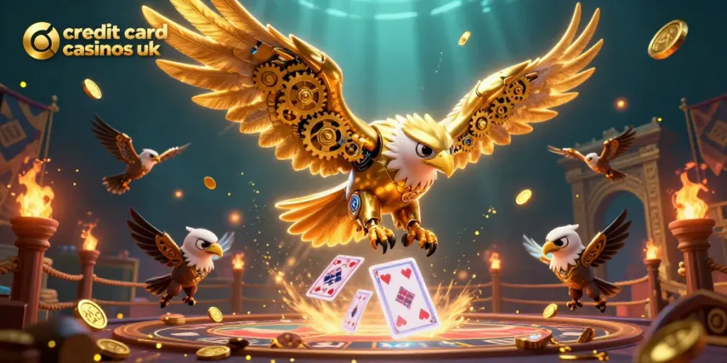 Engage with top credit card casinos uk in an ultra-detailed 3D casino scene featuring a cybernetic eagle diving through holographic cards.