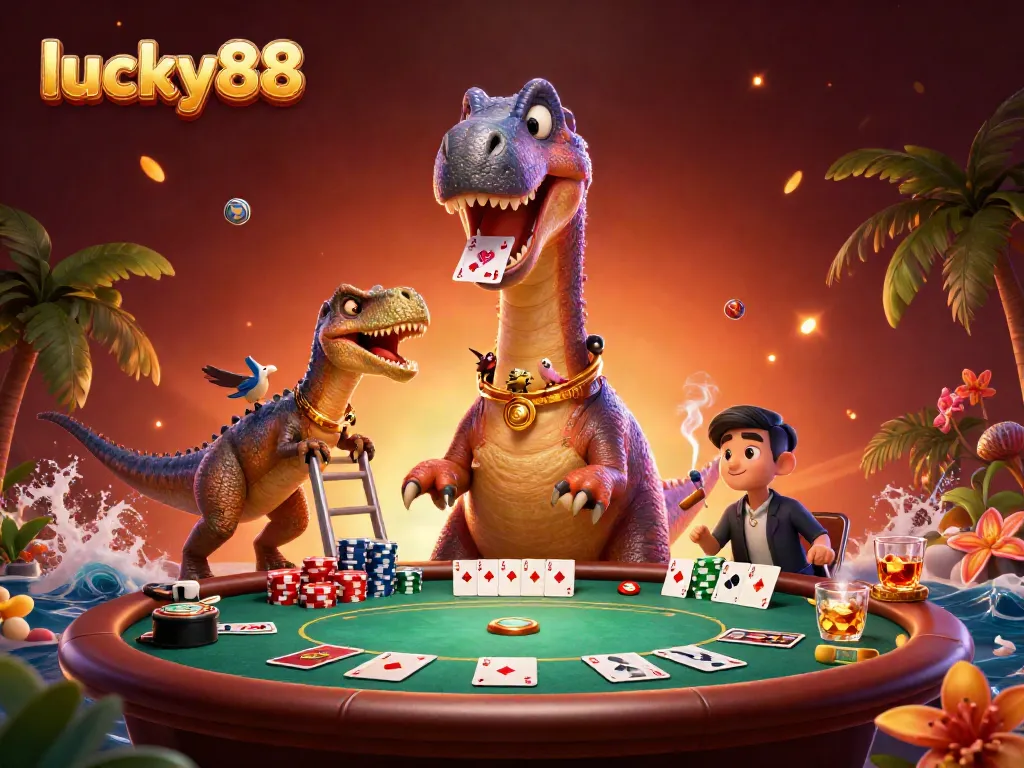 Experience the excitement of lucky88 with a whimsical casino scene featuring dinosaurs and poker action.